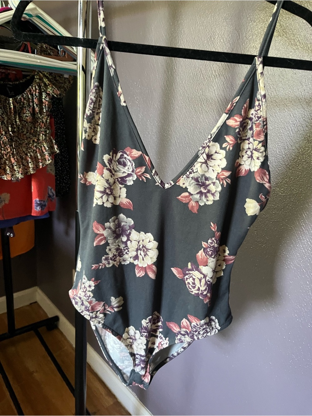 Forever 21 Black Floral V-Neck Bodysuit